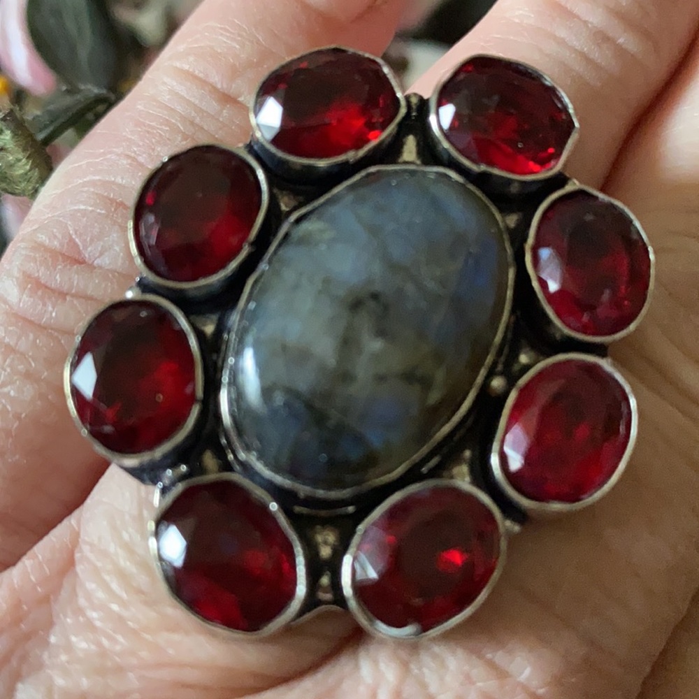 Vintage 925 labradorite garnet ring - Picture 4 of 7